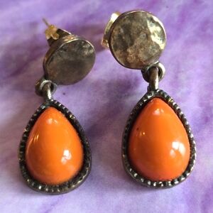 Orange earrings teardrop shaped hammered texture gold tone